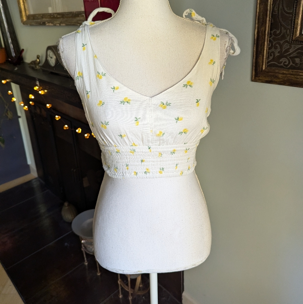 Hollister Women's Medium Cotton Linen Tie Straps Crop Top Lemons Smocked V-Neck
